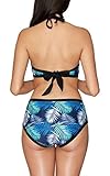 Attraco Damen Sports Bikini Blätter Print High Neck Bademode Vorgeformte Polsterung Bikini Sets Blau XL - 2