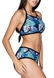 Attraco Damen Sports Bikini Blätter Print High Neck Bademode Vorgeformte Polsterung Bikini Sets Blau XL - 3