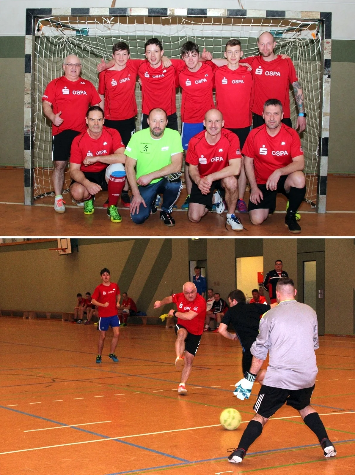 Die Fotos zeigen das Team der Laufgruppe und eine Szene aus dem Spiel der Laufgruppe gegen die Freiwillige Feuerwehr Tessin. Fotos: A.Hütten