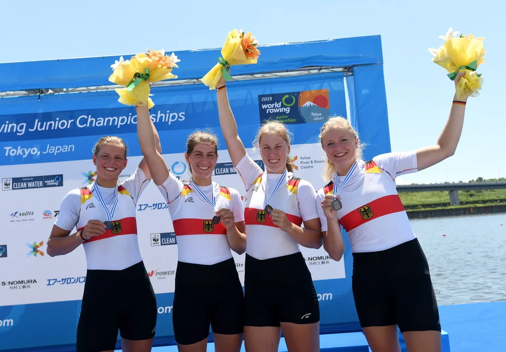 WM-Bronze für den Juniorinnen-Vierer ohne mit Lena Kolwey, Tori Schwerin, Maike Böttcher und Noreen Junges (alle LRV Mecklenburg-Vorpommern). Foto: © DRV/Seyb