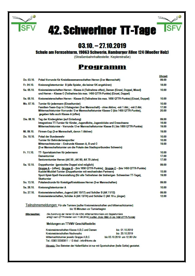 Programmübersicht der 42. Schweriner Tischtennistage | Stadtfachverband Tischtennis Schwerin