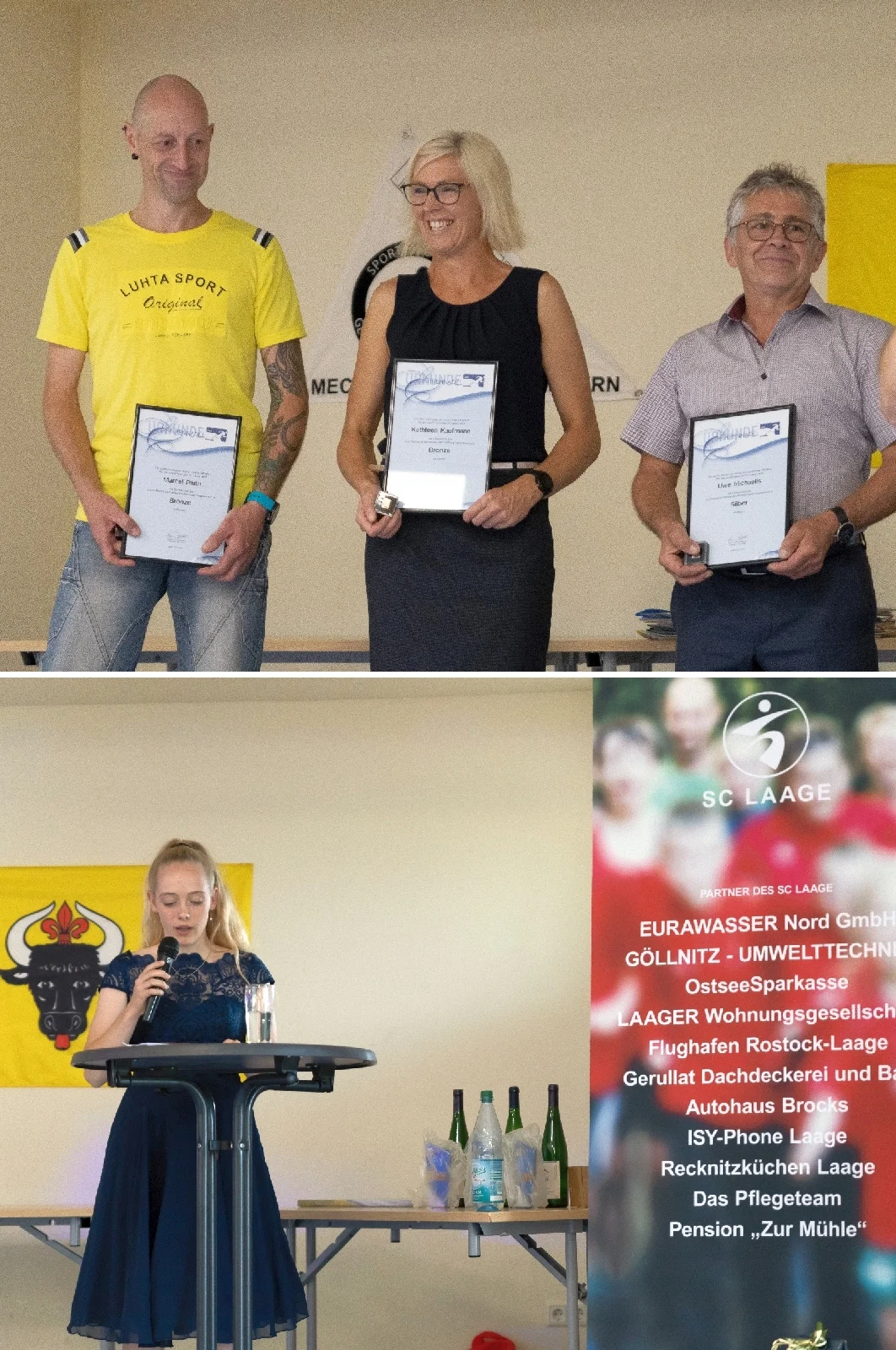 Die Fotos zeigen (v.l.) Marcel Raith, Kathleen Maag und Uwe Michaelis sowie Juliane Göllnitz beim verlesen eines Grußes aus Lage/Lippe. Fotos: Ralf Sawacki