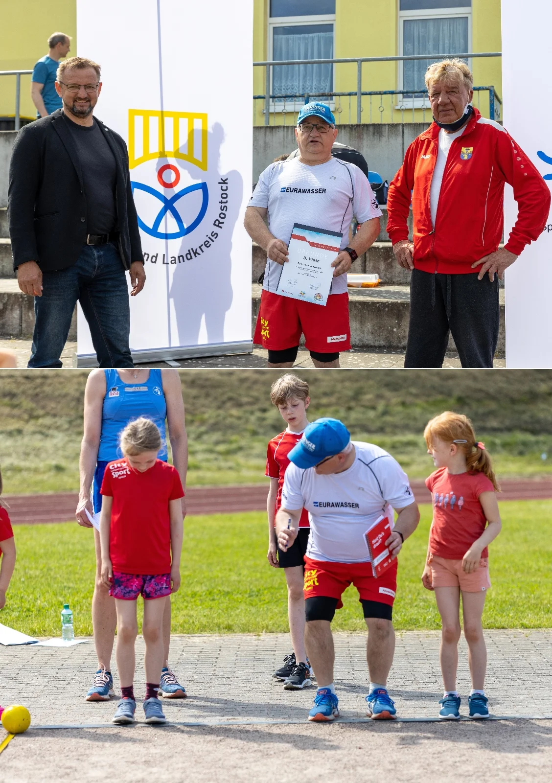 Die Fotos zeigen Torsten Haverland, den 2.Vorsitzenden des SC Laage, André Stache und Uwe Neumann. Und die Einweisung von Johanna beim Schlussweitsprung. Foto Ralf Sawacki.
