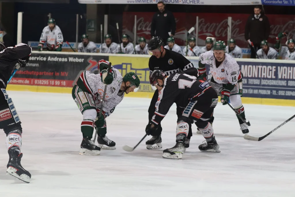 Die Rostock Piranhas auf der Eisfläche, beim Spiel gegen die Herner EV Miners