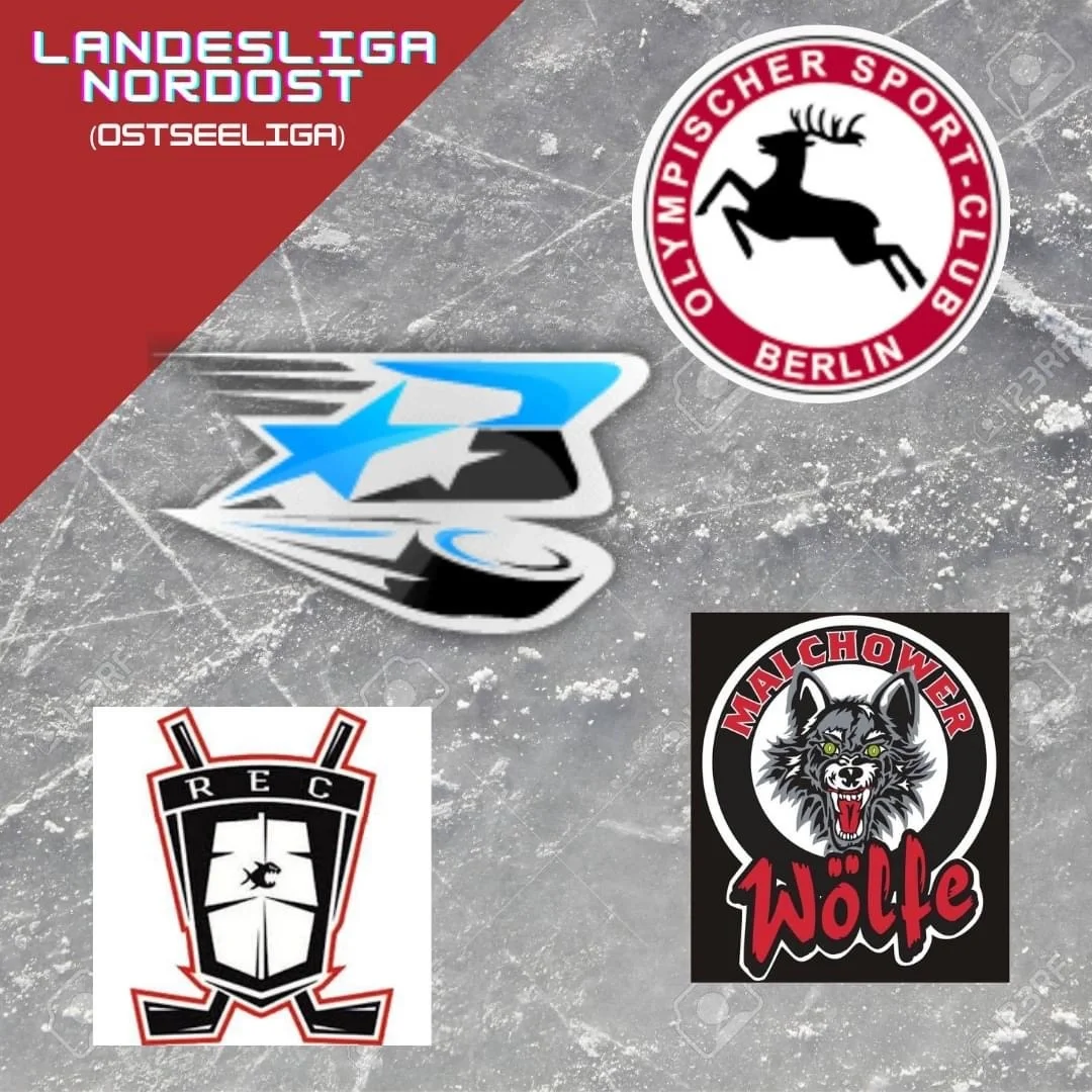 Collage mit den Clublogos der Ostseeliga: OSC Berlin, Neubrandenburg Blizzards, Malchower Wölfe, Rostocker Eishockeyclub