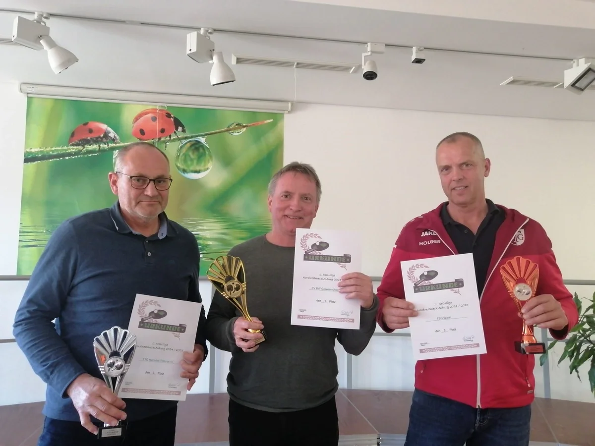 Siegerehrung 1. Kreisklasse (v.l.n.r.): Bernd Wittfoth (Platz 2, TTC Hanseat Wismar IV), André Maise (Platz 1, SV Blau-Weiß Grevesmühlen II), Holger Nedel (Platz 3, TSG Warin) | Foto: Paula Weber