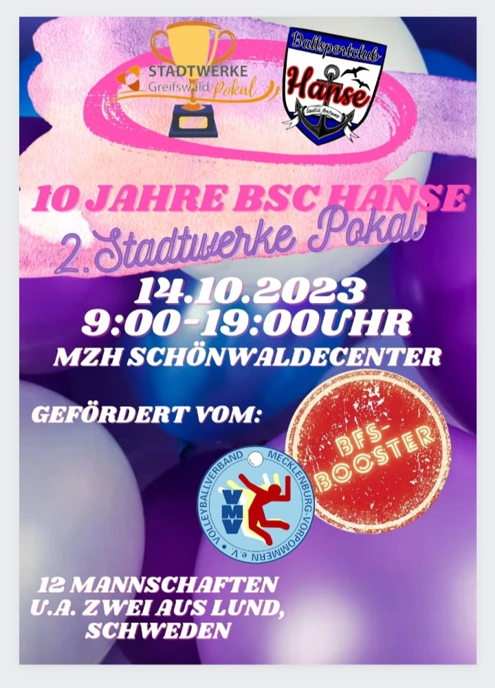 Turnierplakat 2. Stadtwerke Pokal in der Greifswalder MZH Schönwaldecenter - unter dem Motto "10 Jahre BSC Hanse"