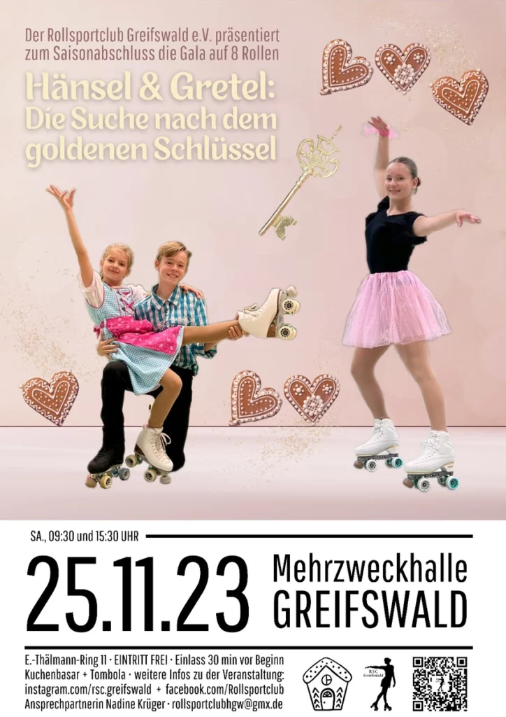Plakat "Hänsel & Gretel: Die Suche nach dem goldenen Schlüssel" - "Gala auf 8 Rollen" des Rollsportclub Greifswald e.V.
