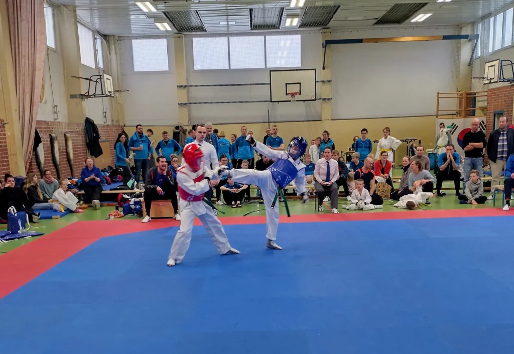 zwei junge Taekwondo-Kämpfer auf der Matte. Im Hintergrund Publikum
