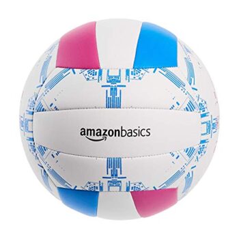 Amazon Basics freizeit volleyball für drinnen und draußen, für fitnessstudio, gras, strand, Größe 5, weiss/blau/pink