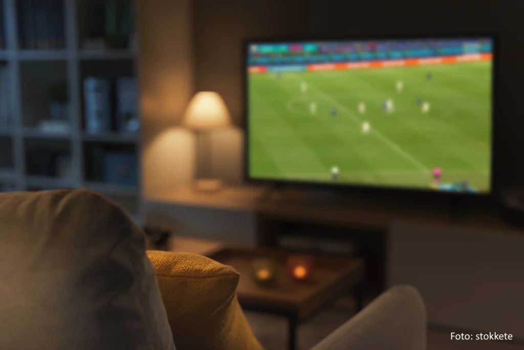 Blick über eine Couch auf eine TV-Übertragung eines Fußballspiels