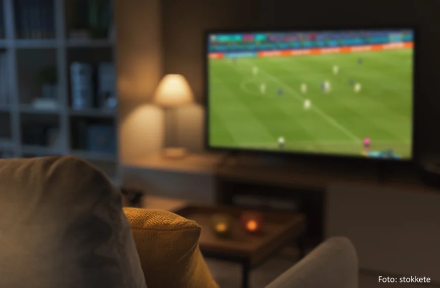 Blick über eine Couch auf eine TV-Übertragung eines Fußballspiels