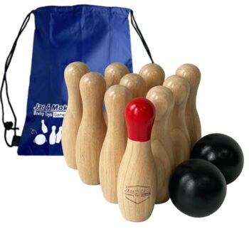 JacMok Bowling Set -Kegelspiel aus Holz - Dosenwerfen Bowling Spiel Outdoor & Indoor Spielzeug (10 Kegel und 2 Bälle, 15cm Höhe)