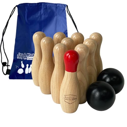 Jac & Mok Bowling Set -Kegelspiel aus Holz - Dosenwerfen Bowling Spiel Outdoor & Indoor Spielzeug (10 Kegel und 2 Bälle, 15cm Höhe)