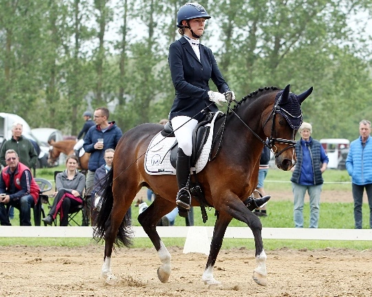 Dressurreiterin Stella Baranowski auf ihrem braunen Pony