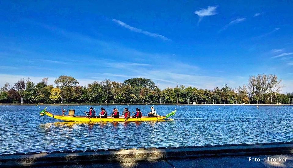 Gelbes 10er Drachenboot auf einem Fluss