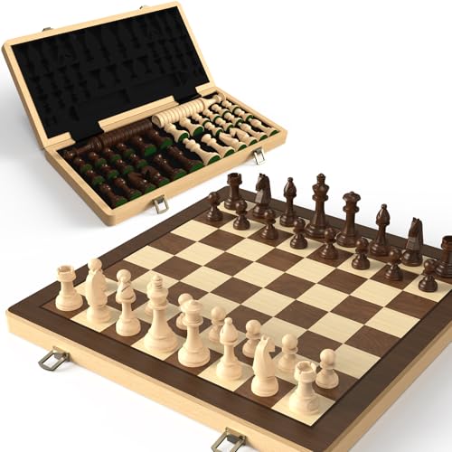 38 cm Holz Klapp-Schach- und Dame-Set, 2-in-1 Brettspiel, 7,6 cm K&ouml;nig Staunton Figuren, 2 zus&auml;tzliche Damen (Black)