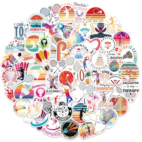Badminton Aufkleber Set 60 St&uuml;ck &ndash; Wasserdichte Vinyl Sticker (5&ndash;7 cm) mit Federball & Schl&auml;ger Motiven f&uuml;r Kinder, Jugendliche & Erwachsene &ndash; Laptop, Trinkflasche, Skateboard, Koffer