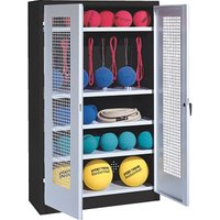 C+P Sportgeräteschrank mit Lochblech-Flügeltüren (Typ 2), HxBxT 195x120x50 cm, Lichtgrau (RAL 7035), Ergo-Lock Muldengriff, Anthrazit (RAL 7021), Einzelschließung