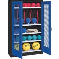 C+P Sportgeräteschrank mit Lochblech-Flügeltüren (Typ 2), HxBxT 195x120x50 cm, Enzianblau (RAL 5010), Ergo-Lock Muldengriff, Anthrazit (RAL 7021), Gleichschließung
