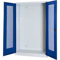 C+P Modul-Sportgeräteschrank mit Lochblech-Flügeltüren, HxBxT 195x120x50 cm, Ergo-Lock Muldengriff, Enzianblau (RAL 5010), Lichtgrau (RAL 7035), Gleichschließung
