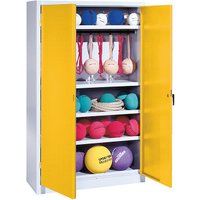 C+P Sportgeräteschrank mit Vollblech-Flügeltüren (Typ 2), HxBxT 195x120x50 cm, Ergo-Lock Muldengriff, Verkehrsgelb (RAL 1023), Lichtgrau (RAL 7035), Einzelschließung