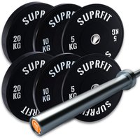 Suprfit Econ Bumper Plates White Logo Set, 70 kg Set Pro Training Bar - 15 kg